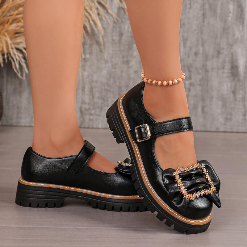 Women'S Shoes Loafers Black - Sepatu Mary Jane dengan Hiasan Pita