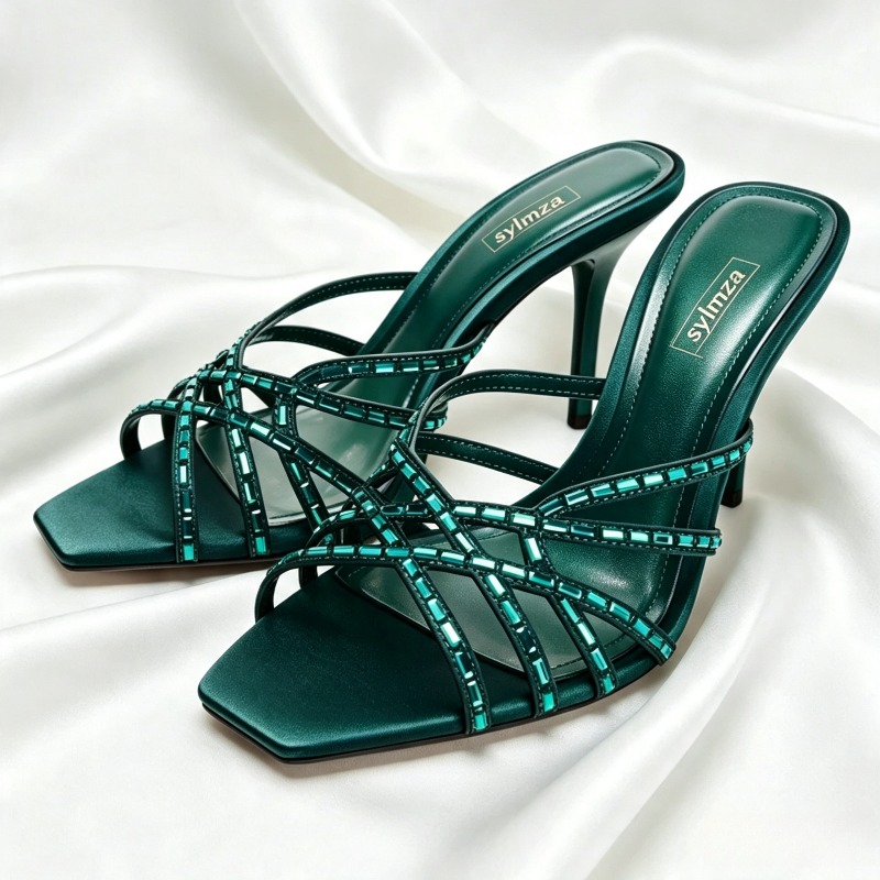 Women'S Shoes Navy Blue - Sandal Hak Tinggi Detail Kristal Biru