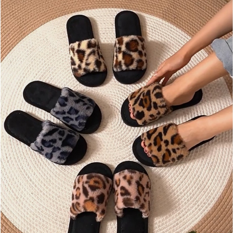 Women Shoes For Winter - Sandal Bulu Leopard Hangat Lembut Musim