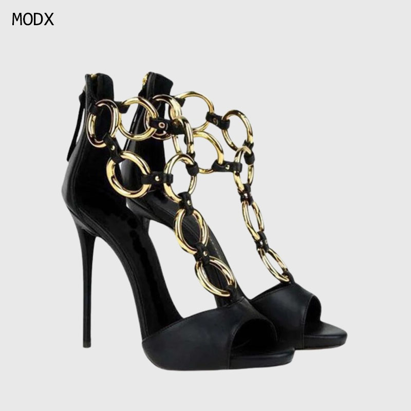 Sandal Hak Stiletto Peep Toe R - Gold Chain Sandal ulasan dan harga
