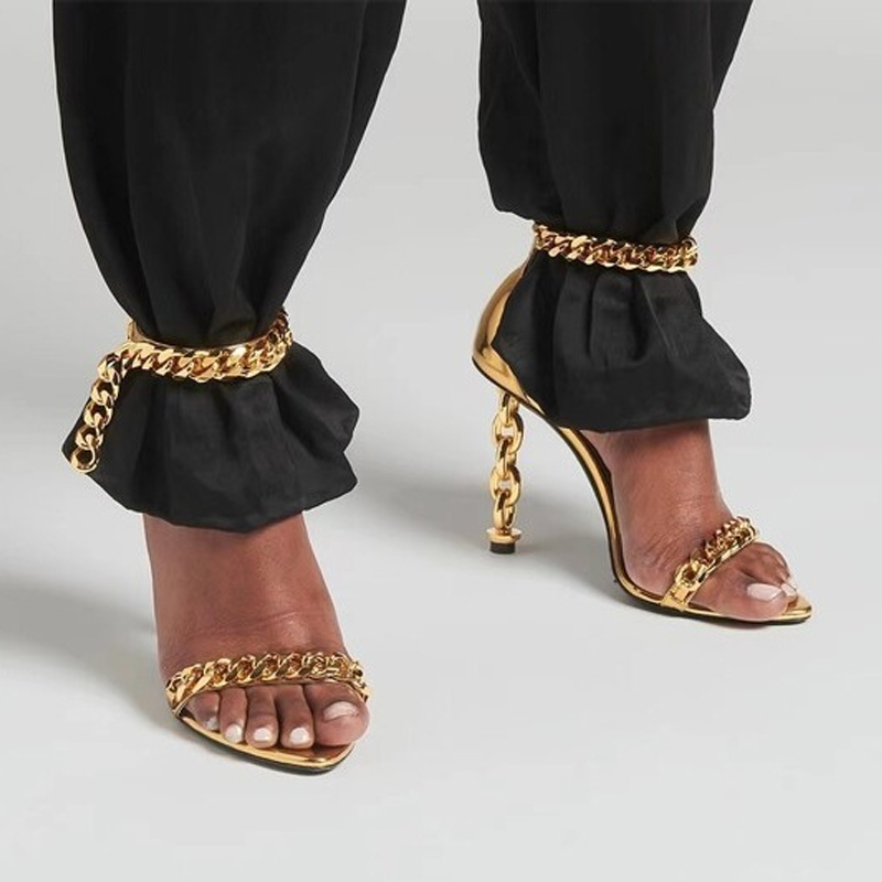Sandal Stiletto Hak Tinggi Ran - Gold Chain Sandal ulasan dan harga